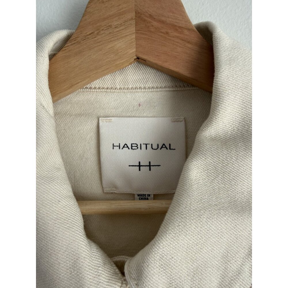 Habitual Braided Yoke Short Sleeve Denim Cropped Shacket Neutral Classic Boho M - Picture 6 of 9